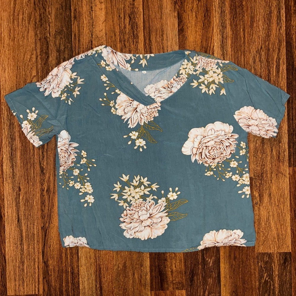 Womens Teal Blue Floral Peony V-Neck Short Sleeve Boxy Blouse Top XL